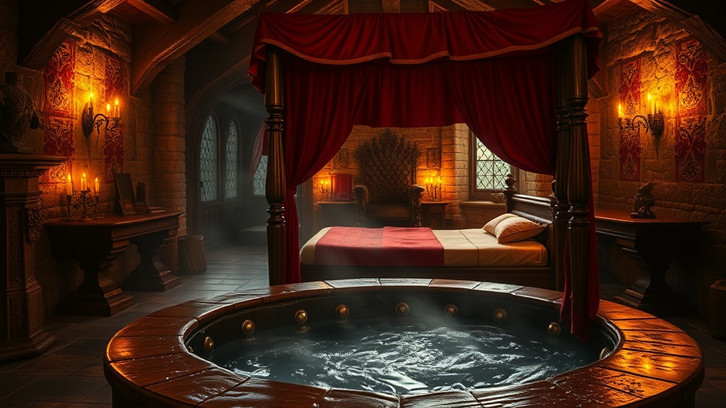 Chambre romantique médiévale avec jacuzzi privatif en pierre, lit à baldaquin et bougies dorées, alternative aux love rooms de Lyon
