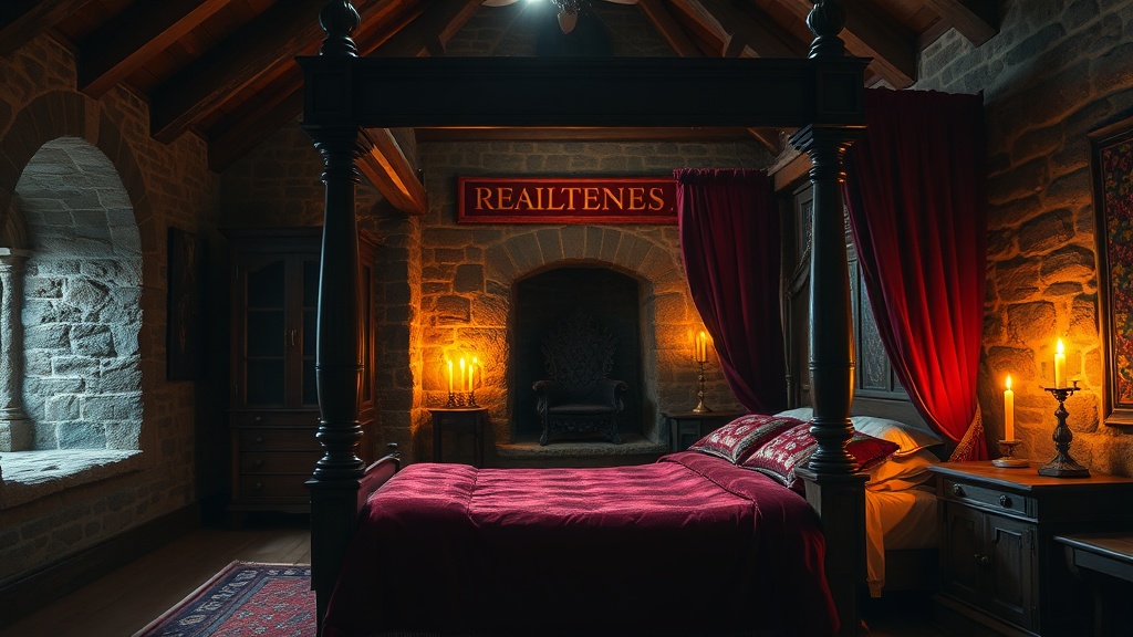 Chambre d'hôtel romantique médiévale à Saint-Étienne : lit à baldaquin drapé de velours rouge, trône de fer forgé et chandelles dorées dans un décor de pierre