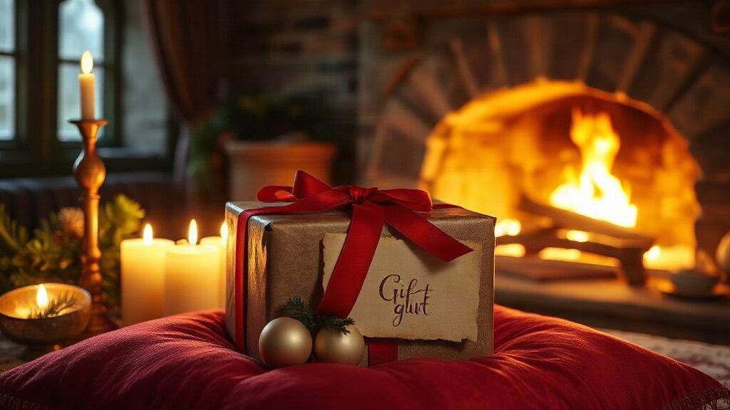 Coffret cadeau noué d'un ruban rouge et carte cadeau scellée à la cire posés sur du velours près de bougies allumées et de branches de sapin, devant une cheminée de pierre, ambiance idée cadeau de Noël pour un couple
