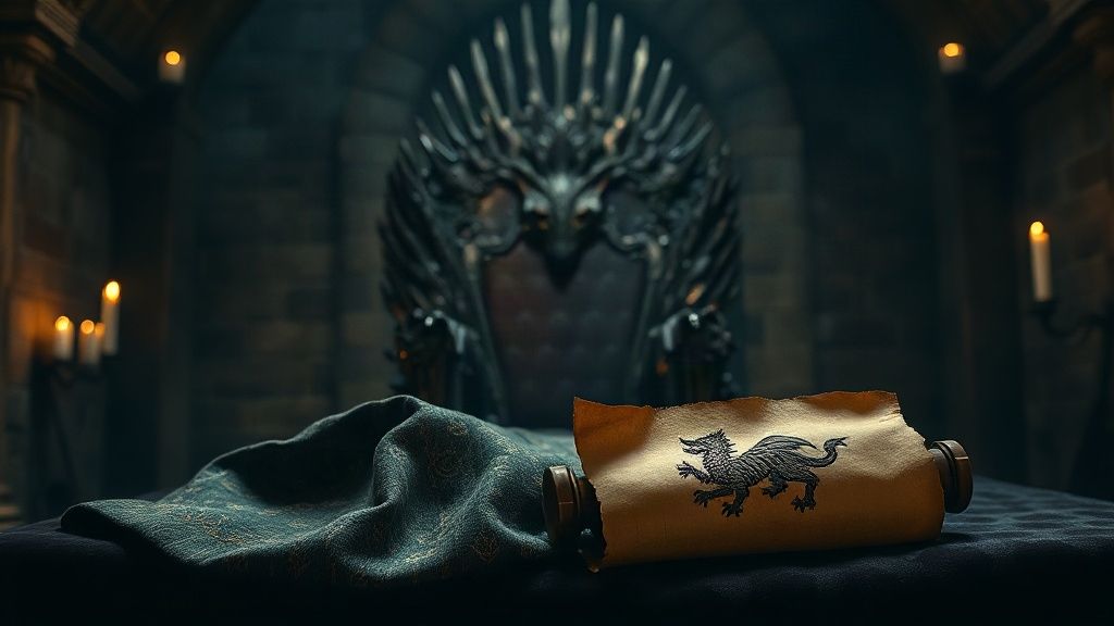Cape de voyage brodée d'un dragon et parchemin scellé de cire noire frappé d'un loup, posés sur du velours sombre devant un trône de fer forgé éclairé aux chandelles, dans une salle médiévale de pierre, ambiance Jacaerys Velaryon et House of the Dragon