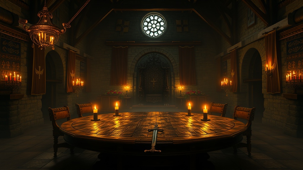 Grande salle arthurienne aux chandelles avec table ronde de chêne, trône de fer forgé et épée posée, ambiance Kaamelott immersive, expérience médiévale en France