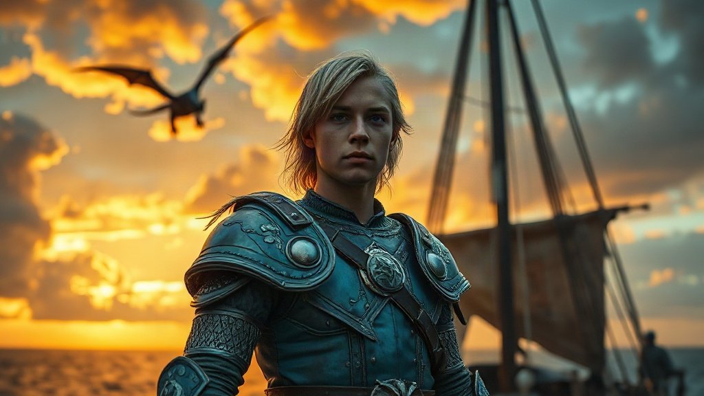 Jeune seigneur valyrien aux cheveux d'argent debout à la proue d'un grand navire de guerre au crépuscule, bannières turquoise et argent de la Maison Velaryon flottant au vent, silhouette de dragon dans un ciel d'orage doré, ambiance Laenor Velaryon et House of the Dragon