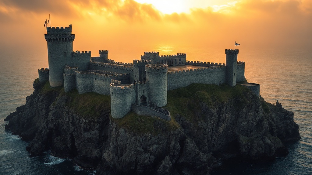 Château médiéval perché sur des falaises côtières au coucher du soleil, évoquant les lieux de tournage de Game of Thrones, remparts de pierre et brume marine