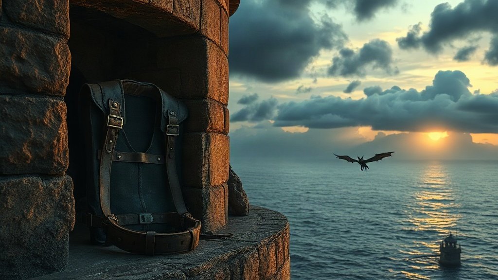 Harnais de cuir de dragonnier usé et petite figurine de dragon sculptée à la main posés sur le rebord de pierre d'une tour côtière au crépuscule, silhouette d'un dragon volant au loin au-dessus de la mer, ciel d'orage doré et bleu acier, ambiance Lucerys Velaryon et House of the Dragon