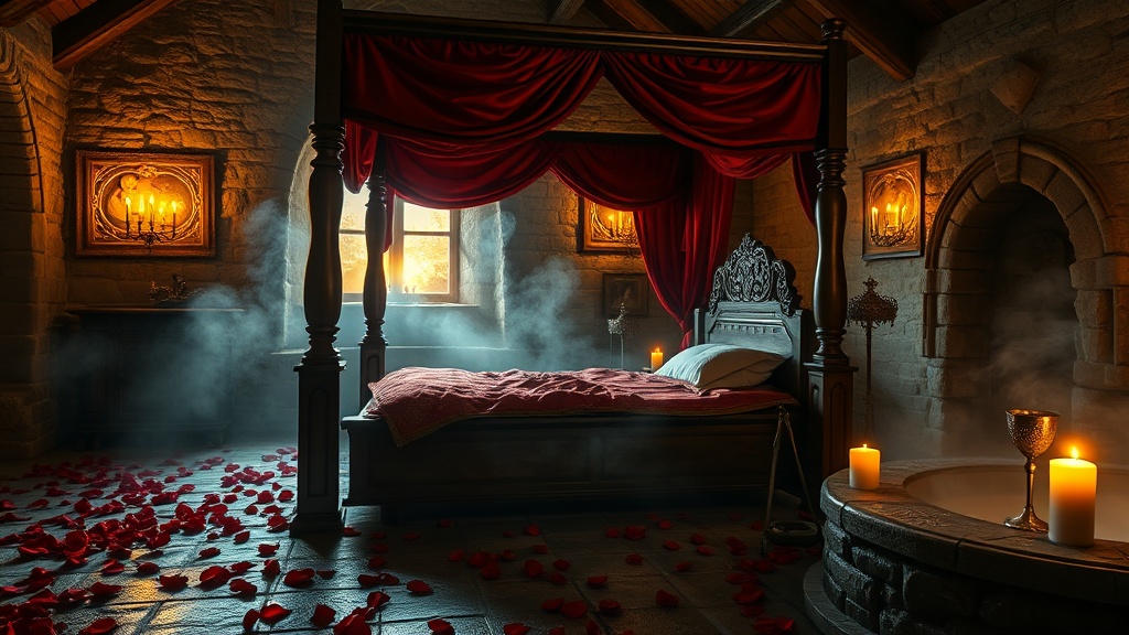 Chambre médiévale romantique préparée pour une nuit de noces avec lit à baldaquin, pétales de roses, bougies dorées et jacuzzi privatif en pierre
