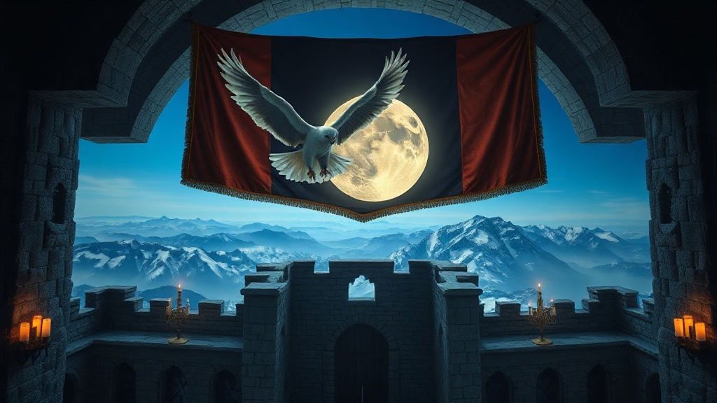 Bannière héraldique d'un faucon blanc en plein vol devant une lune sur fond bleu ciel, symbole de la Maison Arryn, suspendue dans une grande salle de pierre médiévale au sommet d'une montagne enneigée éclairée aux chandelles