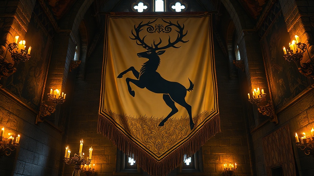 Bannière héraldique d'un cerf noir couronné sur fond doré, symbole de la Maison Baratheon, suspendue dans une grande salle de pierre médiévale éclairée aux chandelles