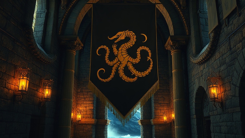 Bannière héraldique d'un kraken doré sur fond noir, symbole de la Maison Greyjoy, suspendue dans une grande salle de pierre médiévale battue par les embruns et éclairée aux chandelles