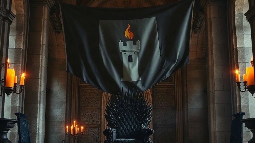 Bannière héraldique d'une tour de pierre blanche couronnée d'une flamme dorée sur fond gris fumée, symbole de la Maison Hightower, suspendue près d'un trône de fer forgé dans une salle de pierre médiévale éclairée aux chandelles