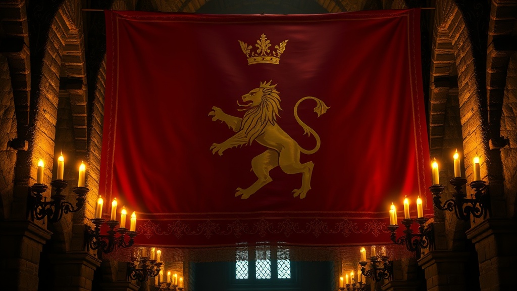 Bannière héraldique d'un lion doré rampant sur fond rouge cramoisi, symbole de la Maison Lannister, suspendue dans une grande salle de pierre médiévale éclairée aux chandelles