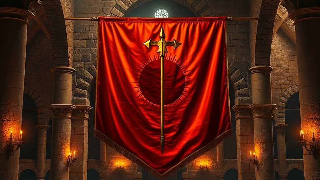 Bannière héraldique d'un soleil rouge percé d'une lance dorée sur fond orange, symbole de la Maison Martell, suspendue dans une grande salle de pierre médiévale éclairée aux chandelles