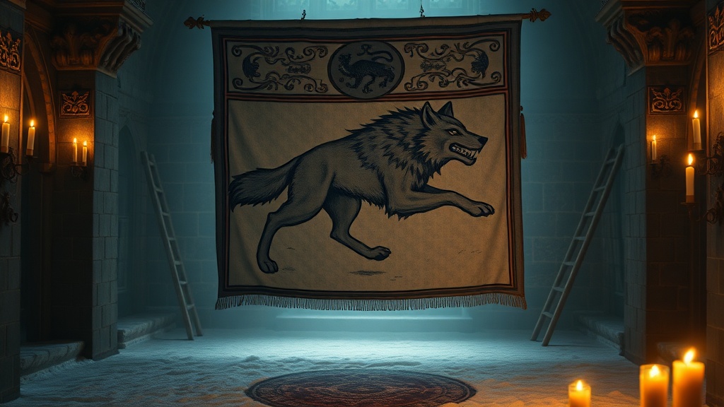 Bannière héraldique d'un loup géant gris sur fond blanc glacé, symbole de la Maison Stark, suspendue dans une grande salle de pierre médiévale éclairée aux chandelles