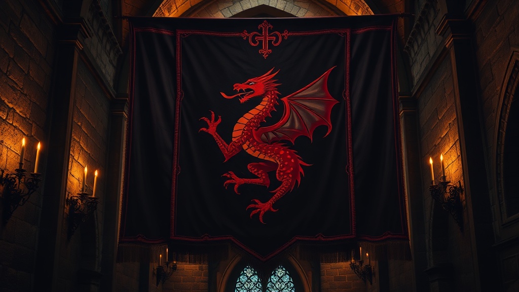 Bannière héraldique d'un dragon tricéphale rouge sur fond noir, symbole de la Maison Targaryen, suspendue dans une grande salle de pierre médiévale éclairée aux chandelles