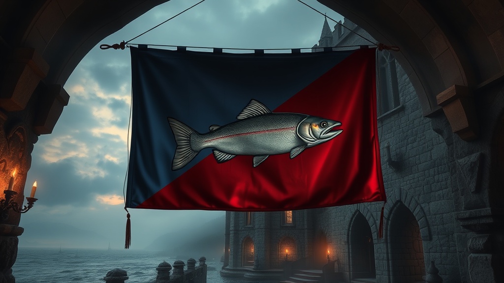 Bannière héraldique d'une truite d'argent bondissante sur fond bleu et rouge, symbole de la Maison Tully, suspendue dans une grande salle de pierre médiévale au bord d'une rivière éclairée aux chandelles
