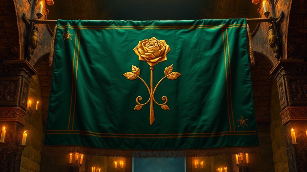 Bannière héraldique d'une rose d'or sur fond vert, symbole de la Maison Tyrell, suspendue dans une grande salle de pierre médiévale éclairée aux chandelles