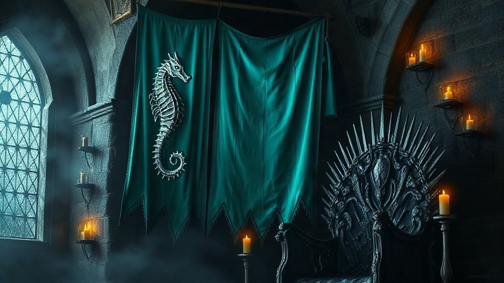 Bannière héraldique argentée représentant un hippocampe sur fond vert marine, symbole de la Maison Velaryon, suspendue près d'un trône de fer forgé dans une salle de pierre médiévale éclairée aux chandelles