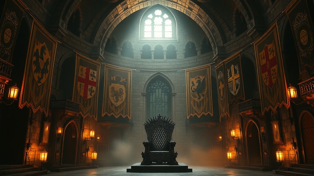 Huit bannières héraldiques des grandes Maisons de Game of Thrones suspendues dans une salle de château médiévale de pierre, trône de fer forgé éclairé aux chandelles