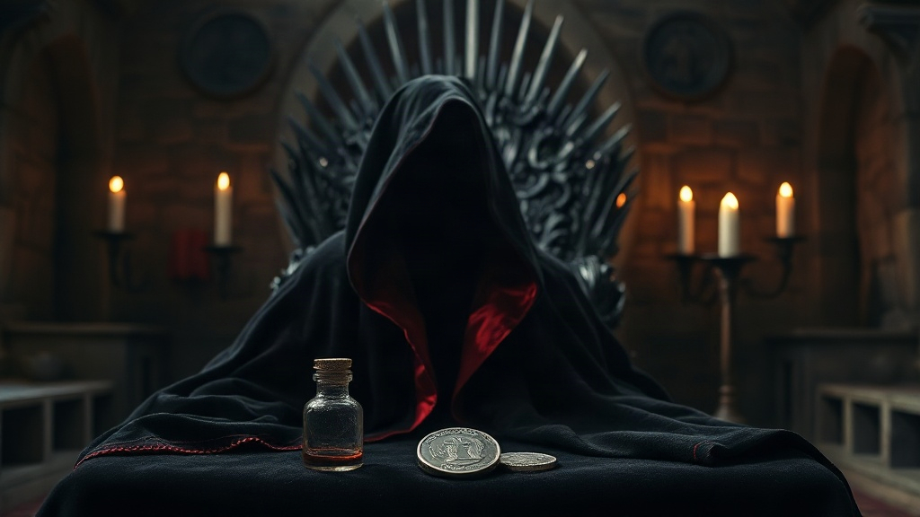 Cape sombre à capuche doublée de rouge et petite fiole de verre posées sur du velours noir aux côtés d'une pièce d'argent gravée, devant un trône de fer forgé éclairé aux chandelles, dans une salle médiévale de pierre plongée dans la pénombre, ambiance Mysaria et House of the Dragon