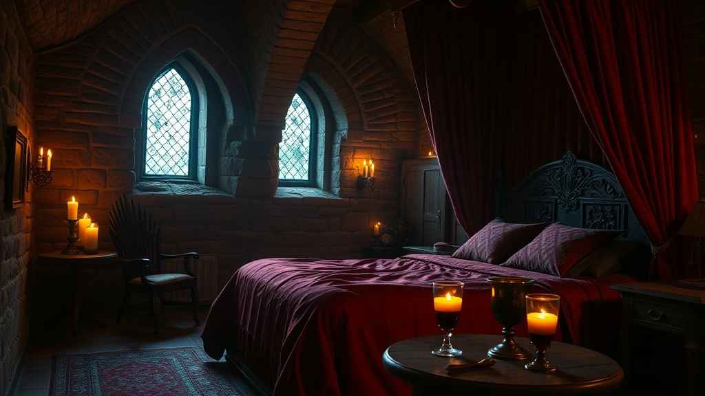 Chambre médiévale romantique aux chandelles avec trône de fer forgé et lit à baldaquin de velours rouge, ambiance nuit à thème Game of Thrones en couple