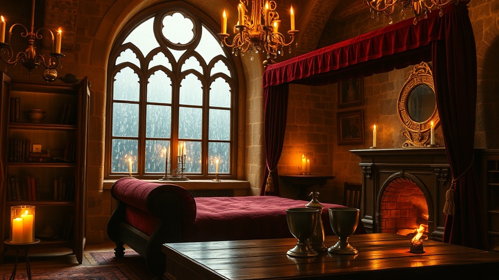 Chambre médiévale aux chandelles avec fenêtre gothique ruisselante de pluie, banquette en velours rouge et cheminée allumée, ambiance cocooning pour couple
