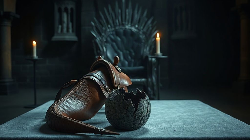 Petite selle de cuir vide et coquille d'œuf de dragon fendue et froide posées sur du velours gris pâle devant un trône de fer forgé éclairé aux chandelles, dans une salle médiévale de pierre plongée dans la pénombre, ambiance Rhaena Targaryen et House of the Dragon