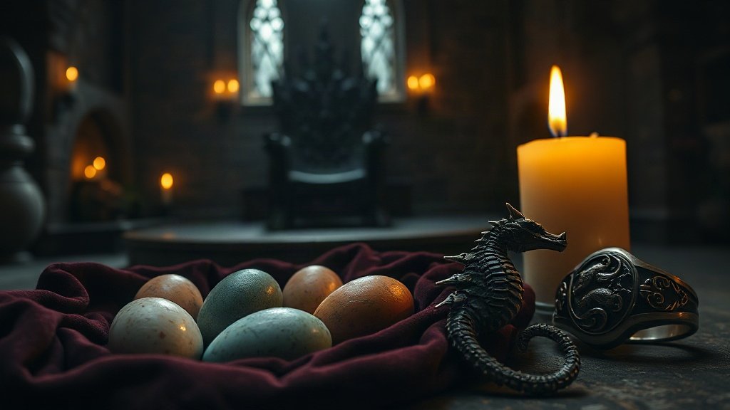 Six petits œufs de dragon aux teintes différentes nichés dans un velours sombre, à côté d'un pendentif hippocampe d'argent et d'une bague sceau à dragon tricéphale, éclairés à la chandelle dans une salle de château médiéval en pierre, silhouette d'un trône de fer forgé dans l'ombre, ambiance Rhaenyra Targaryen et House of the Dragon