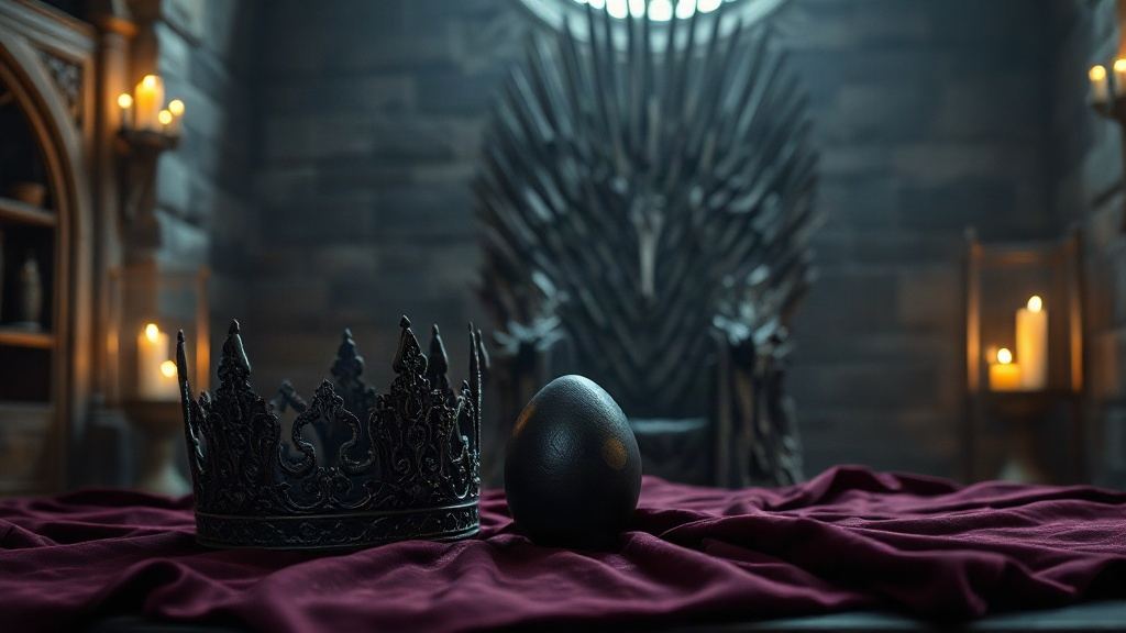 Couronne de fer et œuf de dragon noir posés sur du velours pourpre devant un trône de fer forgé éclairé aux chandelles, dans une salle médiévale de pierre, ambiance Rhaenyra Targaryen et House of the Dragon