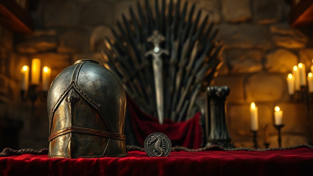 Pièce d'armure en acier et cuivre et petit emblème d'hippocampe en argent posés sur du velours rouge sombre devant un trône de fer forgé éclairé aux chandelles, dans une salle médiévale de pierre, ambiance Rhaenys Targaryen et House of the Dragon