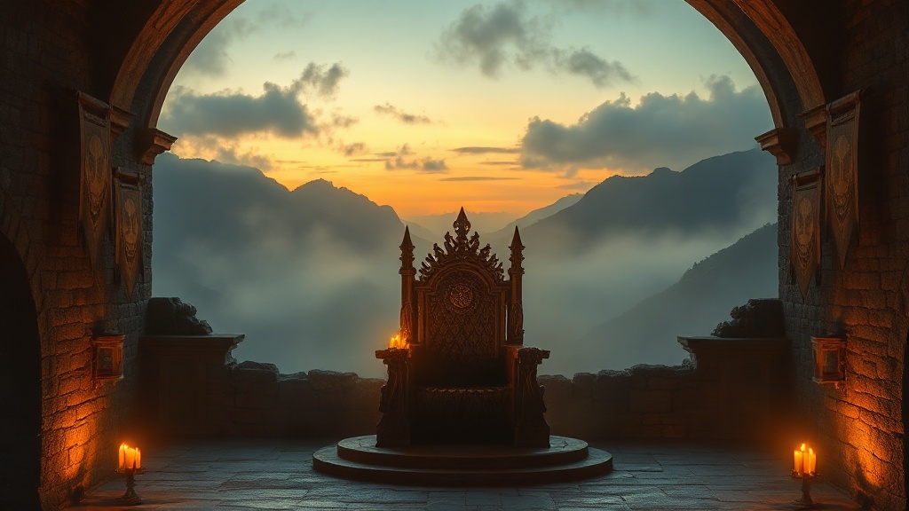 Grande salle de pierre ouverte sur des montagnes brumeuses au crépuscule, trône de fer forgé éclairé aux chandelles dorées et bannières elfiques, ambiance Terre du Milieu inspirée du Seigneur des Anneaux, expérience immersive en France