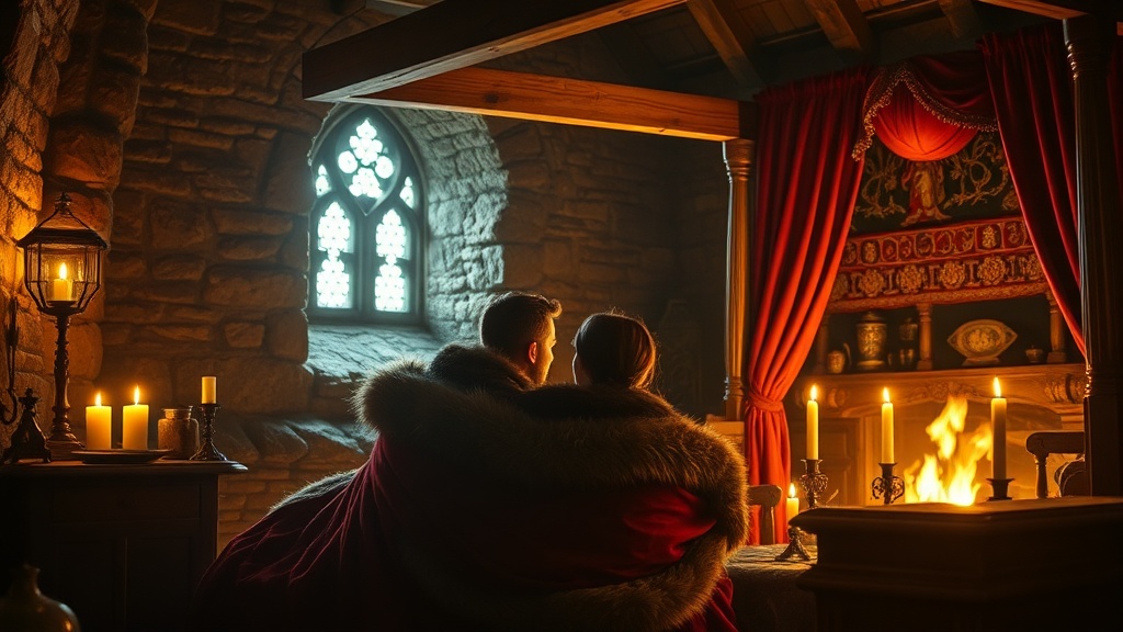Couple emmitouflé dans des fourrures regardant une série médiévale à la lueur du feu, dans une chambre de pierre aux chandelles avec lit à baldaquin de velours rouge
