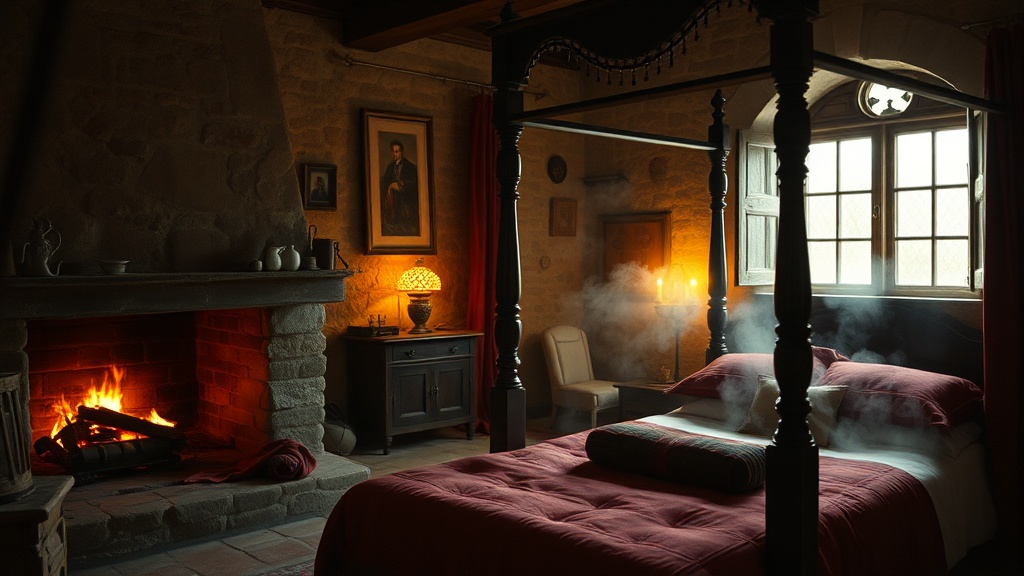 Chambre médiévale en pierre à l'aube, cheminée allumée, lit à baldaquin drapé de velours rouge et lumière dorée matinale, ambiance slow life médiéval