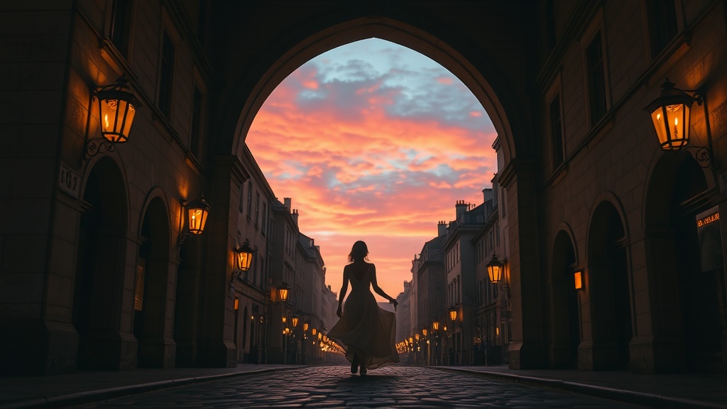 Silhouette romantique sous une arche de pierre, ambiance médiévale à Lyon