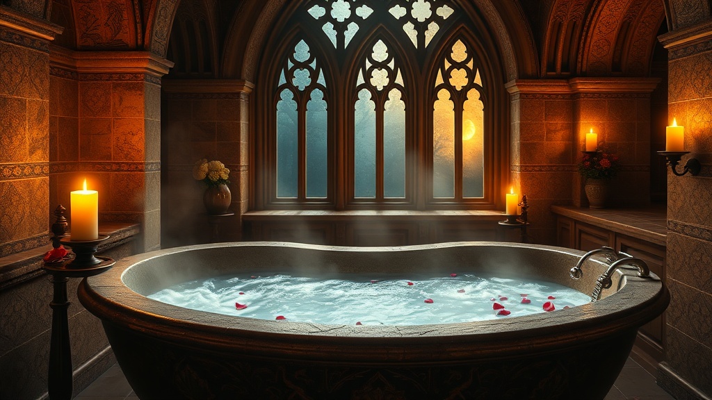 Spa privatif medieval avec jacuzzi en pierre, bougies et ambiance romantique dans un decor gothique pres de Lyon