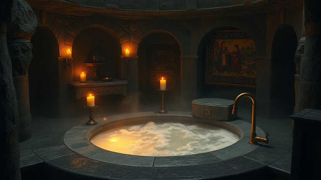 Spa privatif médiéval à Saint-Étienne : jacuzzi en pierre éclairé aux chandelles avec tentures et atmosphère intimiste