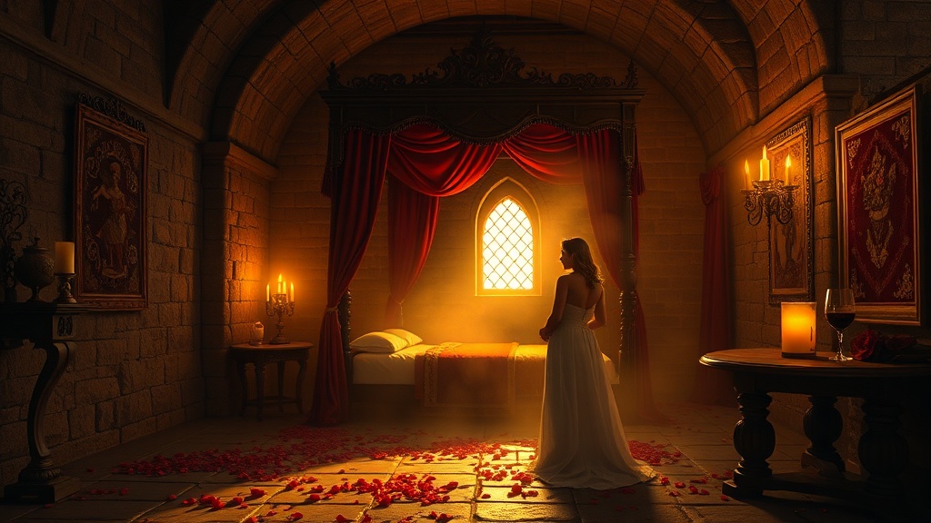 Chambre médiévale romantique préparée en surprise avec bougies, pétales de roses et lit à baldaquin drapé de velours rouge