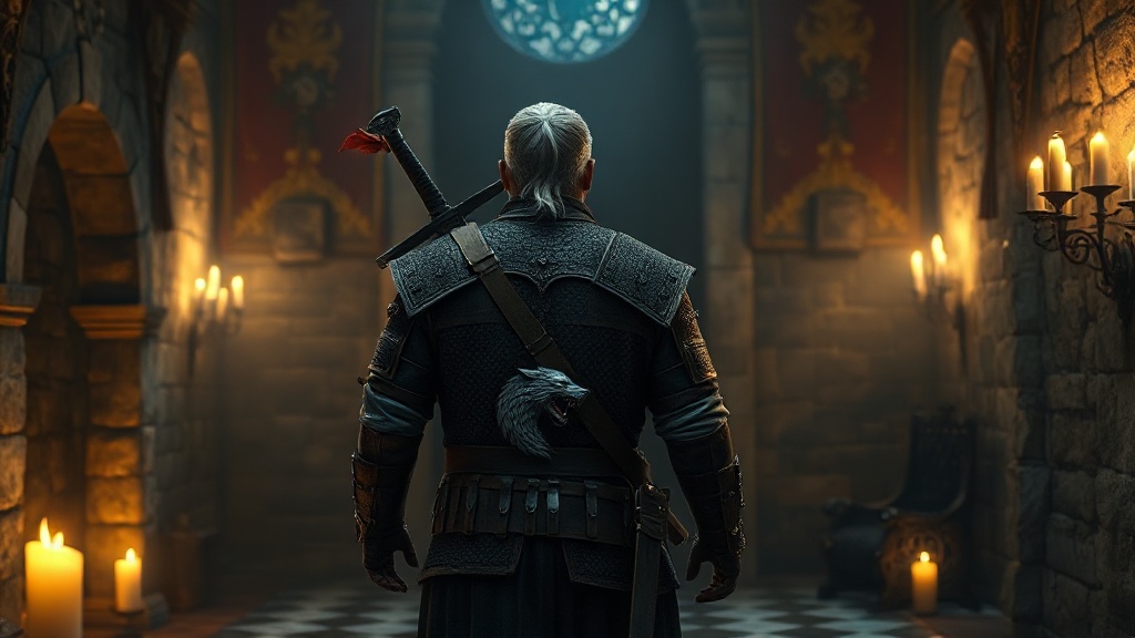Sorceleur solitaire à la cape sombre et au médaillon de loup dans une salle de château médiéval éclairée aux chandelles, ambiance dark fantasy The Witcher, expérience immersive en France