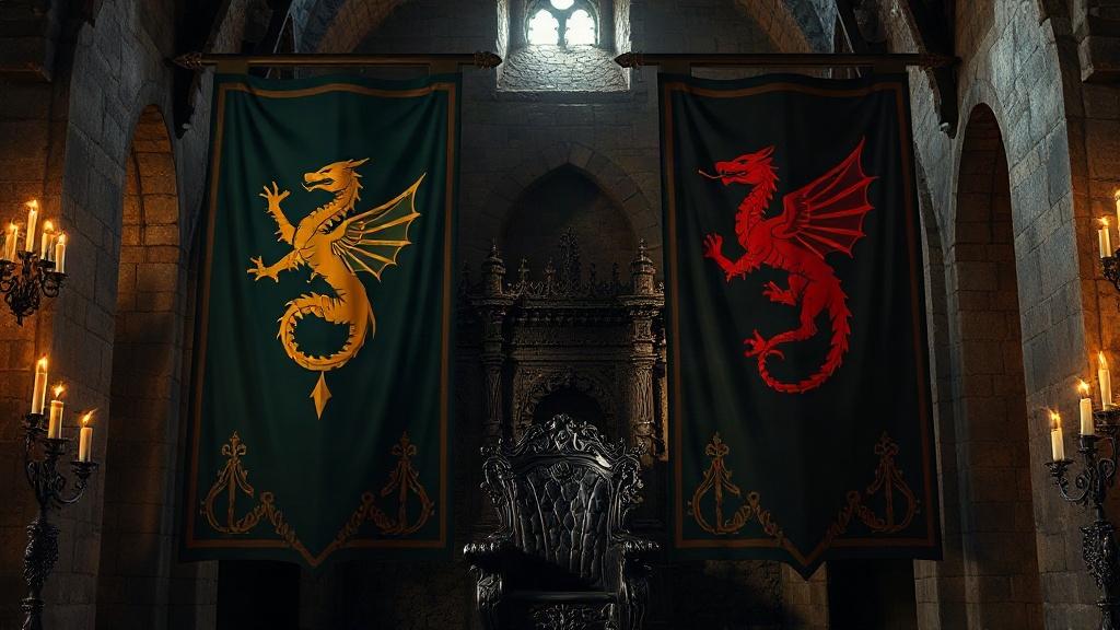 Deux bannières héraldiques de dragon tricéphale, l'une vert émeraude à motif doré, l'autre noire à motif rouge sang, suspendues de part et d'autre d'un trône de fer forgé dans une salle médiévale de pierre éclairée aux chandelles