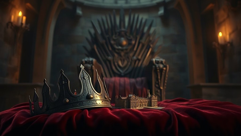 Couronne de fer ternie et petit modèle en bois d'une cité antique posés sur du velours rouge devant un trône de fer forgé éclairé aux chandelles, dans une salle médiévale de pierre, ambiance Viserys Targaryen et House of the Dragon